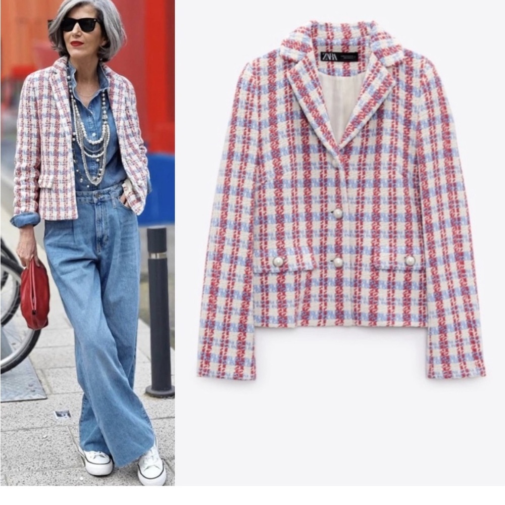 ZARA Red White & Blue Pearl Button Textured Tweed Jacket M Fits S